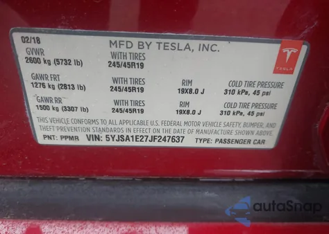 2018 Tesla Model S 100D/75D/P100D z USA, uszkodzony, nr VIN 5YJSA1E27JF247637